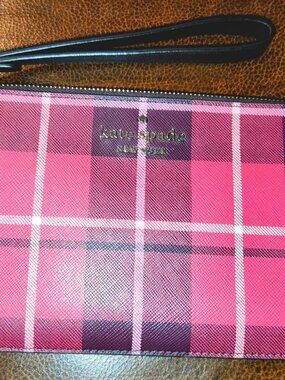 Kate Spade Staci Plaid Medium L-Zip Wristlet - Bright Rose Plaid - Like New